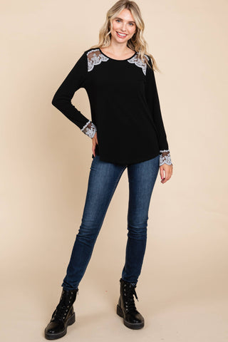 Round-Neck Lace Accent Casual Top
