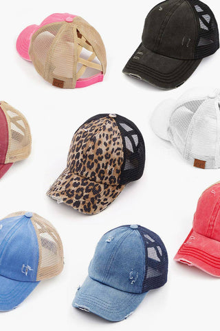 C.C Washed Denim with Crossed Elastic Band Mesh Pony Cap