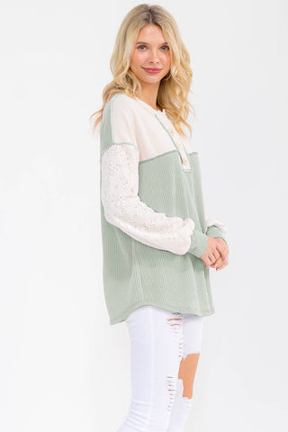 Two Tone Rib Knit Lace Sleeve Henley Top