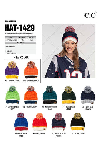 C.C Team Color Ribbed Beanie with Pom Winter Hat