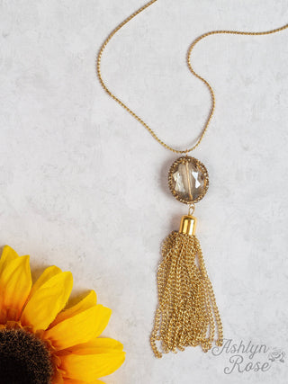 Gold Tassel Necklace with Gemstone