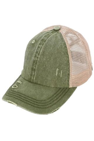 C.C Washed Denim with Crossed Elastic Band Mesh Pony Cap