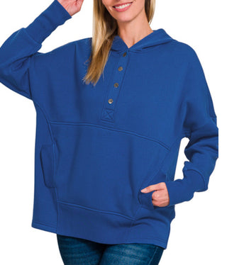 Fleece half snap button hooded sweatshirt