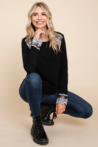 Round-Neck Lace Accent Casual Top