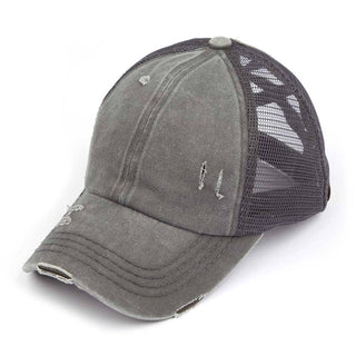 C.C Washed Denim with Crossed Elastic Band Mesh Pony Cap