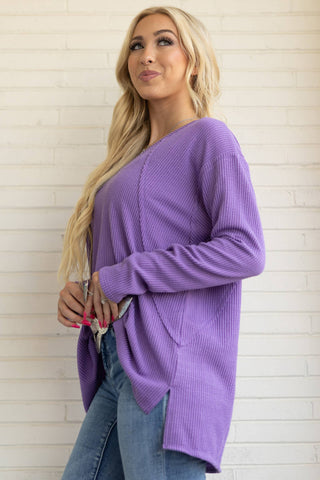 Purple Rib V Neck Long Sleeve Top