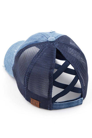 C.C Washed Denim with Crossed Elastic Band Mesh Pony Cap