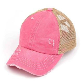 C.C Washed Denim with Crossed Elastic Band Mesh Pony Cap