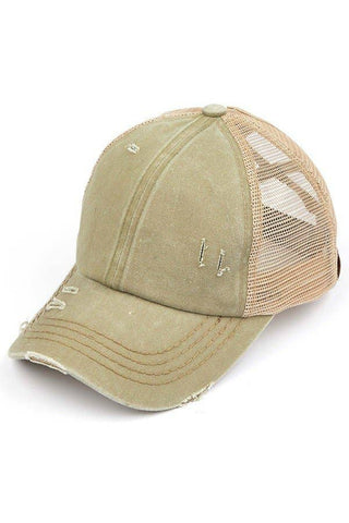 C.C Washed Denim with Crossed Elastic Band Mesh Pony Cap