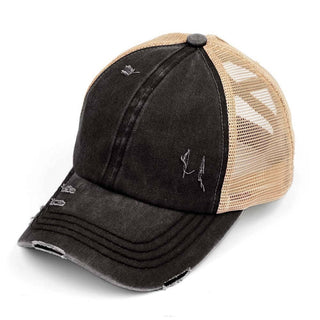 C.C Washed Denim with Crossed Elastic Band Mesh Pony Cap