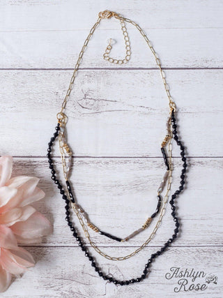BLACK CRYSTAL LAYERED GOLD LINKED CHAIN NECKLACE