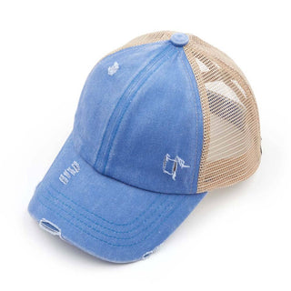 C.C Washed Denim with Crossed Elastic Band Mesh Pony Cap