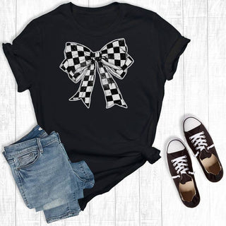 Checkered Coquette Bow Black Graphic Tshirt