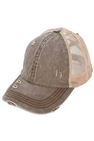 C.C Washed Denim with Crossed Elastic Band Mesh Pony Cap