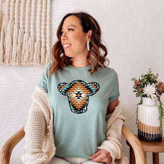 Aztec Cow Head Dusty Blue Tee