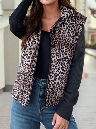 Leopard Quilted Full Zipper Casual Puff Vest