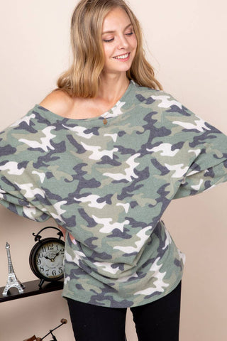 Soft Camo Printed Dolman One Shoulder Top