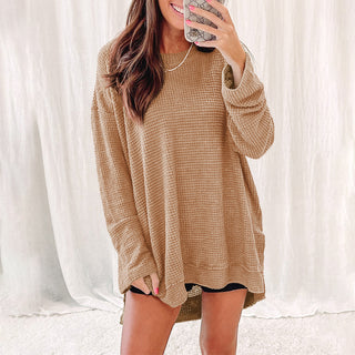 Khaki Waffle Knit High Slits Oversized Top